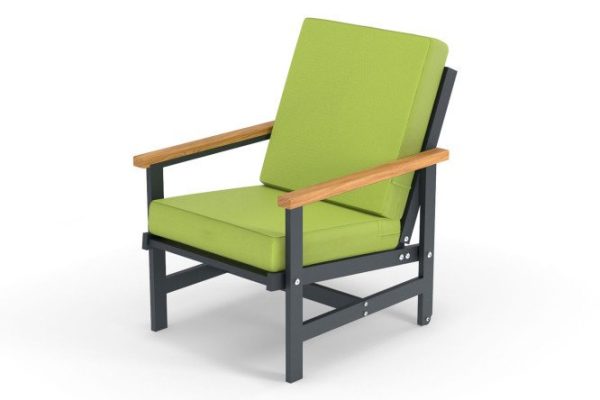 Scandi armchair with armrests, frame color anthracite, natural wood, soft elements light green