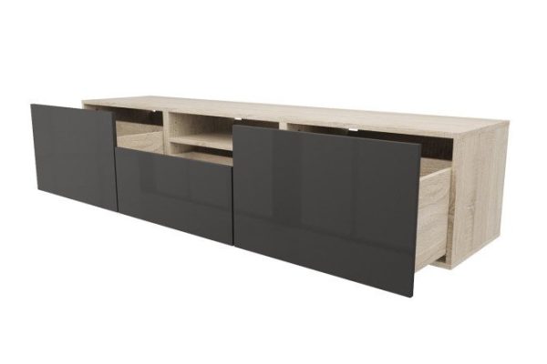Cabinet with 3 drawers and 1 shelf Oscar Amika 180x38 with push to open, Sonoma oak / glossy black graphite