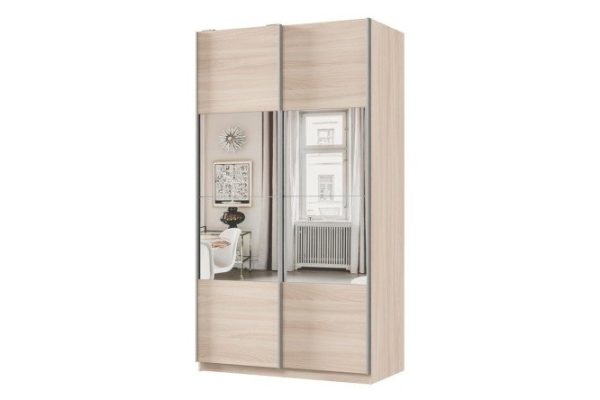 Sliding wardrobe 2-door Praktik 120x240x60 cm, light Shimo ash, silver profile, with mirror inserts
