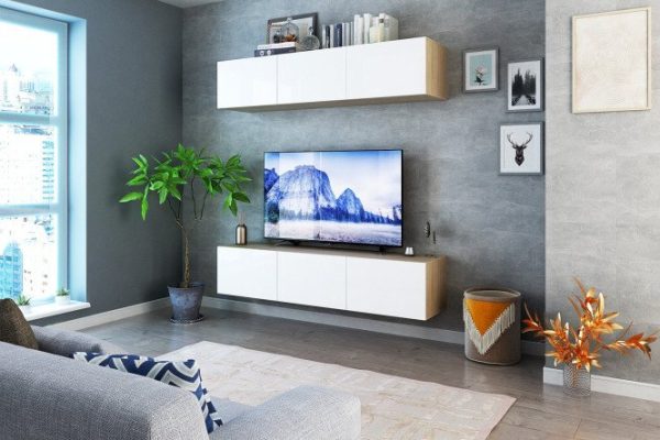 Living room Oscar with TV stand and wardrobe with push-to-open doors, sonoma oak / white gloss