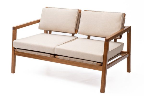 Sofa 2-seater Calisto 124x74x60 cm, frame color natural teak, beige finish