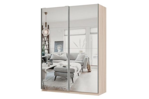 Sliding wardrobe 2-door Praktik 160x220x60 cm, light Shimo ash, silver profile, with two mirrors