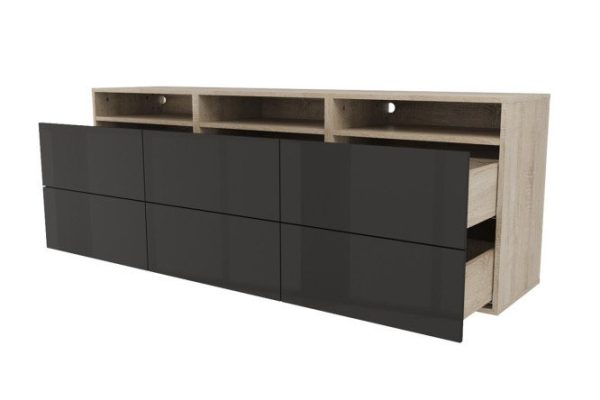Cabinet 3 shelves and 6 drawers Oscar Amika 180x64 with closers, Sonoma oak / glossy black graphite