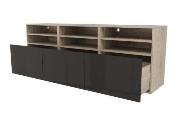 Cabinet 6 shelves and 3 drawers Oscar Amika 180x64 with closers, Sonoma oak / glossy black graphite