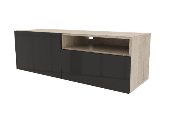 Cabinet with 2 drawers and shelf Oscar Amika 120x38 with push to open, Sonoma oak / glossy black graphite