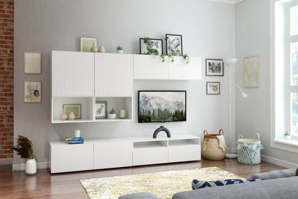 Living room Oscar Amelie with 4 drawers and 4 doors with push-to-open, white / talc wave