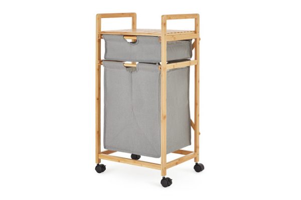 BERKRAFT Bamboo shelf with laundry basket on wheels 42x80x34 cm