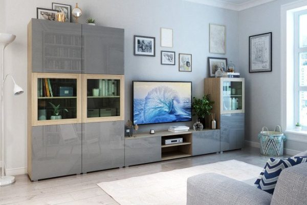 Living room Oscar with cabinet and push-to-open cabinets, Sonoma oak / dusty gray gloss