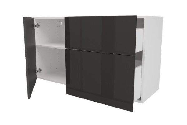 Cabinet with door and 2 drawers Oscar Amika 120x64 with push to open, white / black graphite gloss