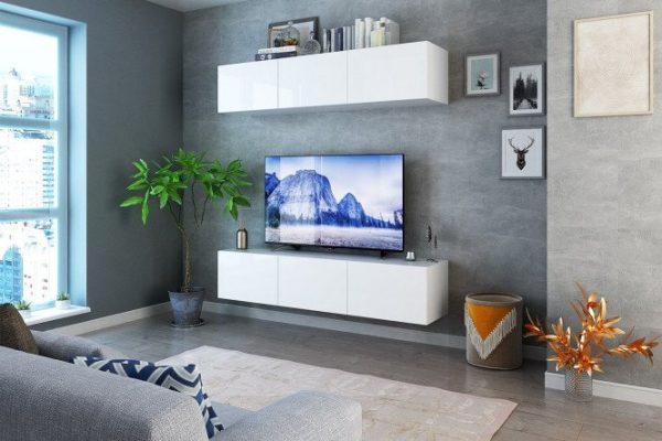 Living room Oscar with TV stand and wardrobe with push-to-open doors, white / white gloss