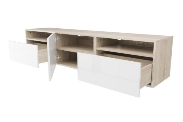 Cabinet with 2 drawers, door and shelves Oscar Amika 180x38 with push to open, sonoma oak / white gloss