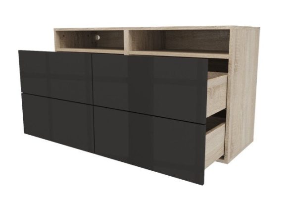 Cabinet 4 drawers and shelf Oscar Amika 120x64 with closers, Sonoma oak / glossy black graphite