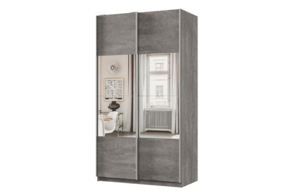 Sliding wardrobe 2-door Praktik 120x240x60 cm, concrete, silver profile, with mirror inserts