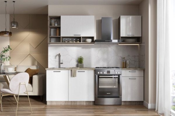 Kitchen set Ritsa 160x200x60 cm, frame color kraft oak gray, facade white textured