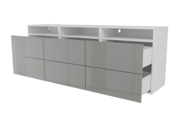 Cabinet 3 shelves and 6 drawers Oscar Amika 180x64 with push to open, white / dusty gray gloss