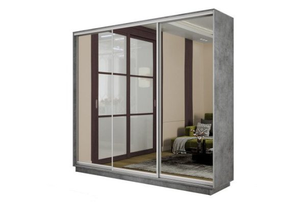 3-door wardrobe Slide-2 180x220x60 cm, concrete/silver, with three mirrors