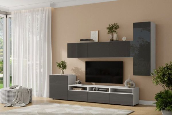 Living room Oscar Amika 5 doors and 3 drawers with push-to-open, white / black graphite gloss