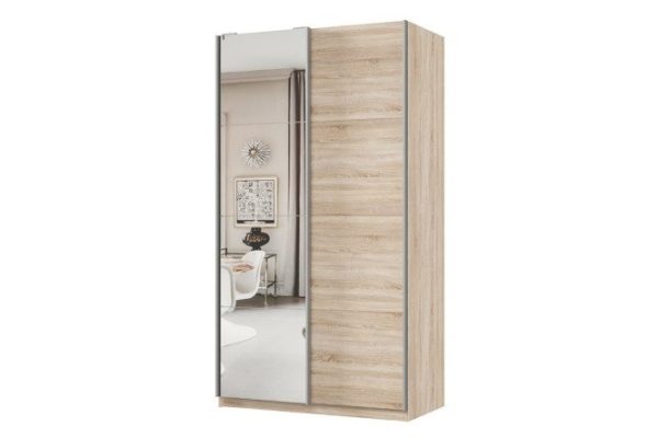2-door wardrobe Praktik 120x240x60 cm, Sonoma oak, silver profile, with one mirror