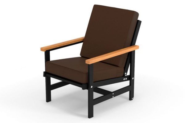 Scandi armchair with armrests, frame color anthracite, natural wood, soft elements dark brown