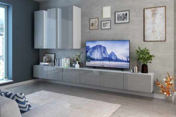 Living room Oscar with cabinets with drawers and push-to-open cabinets, white / dusty gray gloss