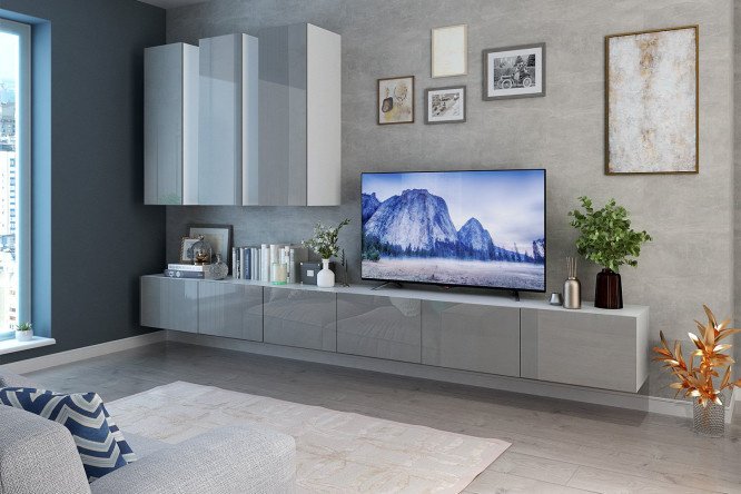 Living room Oscar with cabinets with drawers and push-to-open cabinets, white / dusty gray gloss