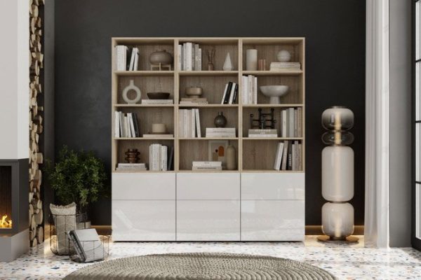 Oskar Amika library with push-to-open, sonoma oak / white gloss