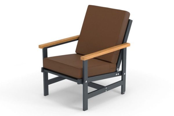 Scandi armchair with armrests, frame color anthracite, natural wood, soft elements brown