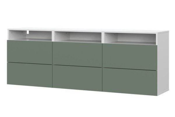 Cabinet Oscar Moon 180x64 with 6 drawers and 3 shelves, white / olive soft