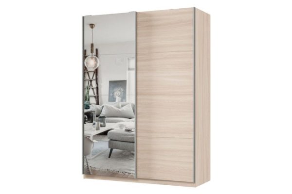 Sliding wardrobe 2-door Praktik 160x220x60 cm, light Shimo ash, silver profile, with one mirror