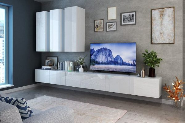 Living room Oscar with cabinets with drawers and push-to-open cabinets, white / white gloss