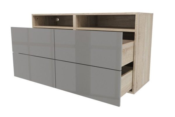 Cabinet 4 drawers and shelf Oscar Amika 120x64 with push to open, Sonoma oak / dusty gray gloss