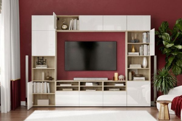 Modular living room Oscar Amica with push-to-open, Sonoma oak / white gloss