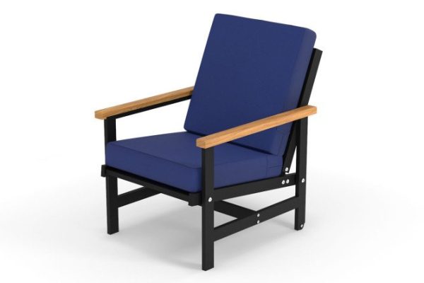 Scandi armchair with armrests, frame color black, natural wood, soft elements dark blue