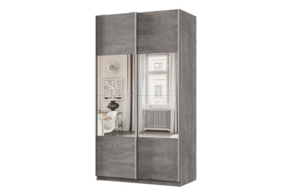 Sliding wardrobe 2-door Praktik 120x240x60 cm, concrete, silver profile, with mirror inserts