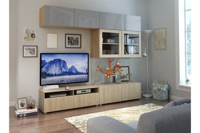 Living room Oscar Amica with 4 drawers and 4 doors with push-to-open, Sonoma oak / dusty gray gloss
