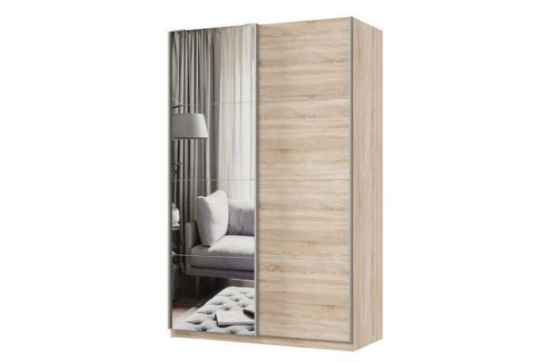 2-door wardrobe Praktik 140x220x60 cm, Sonoma oak, silver profile, with one mirror