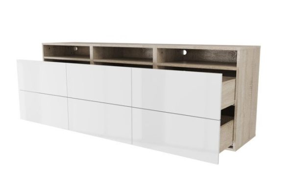 Cabinet 3 shelves and 6 drawers Oscar Amika 180x64 with closers, Sonoma oak / white gloss