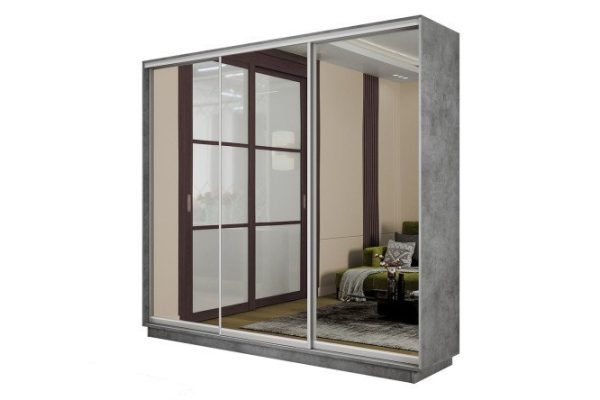 3-door wardrobe Slide-2 180x240x45 cm, concrete/silver, with three mirrors