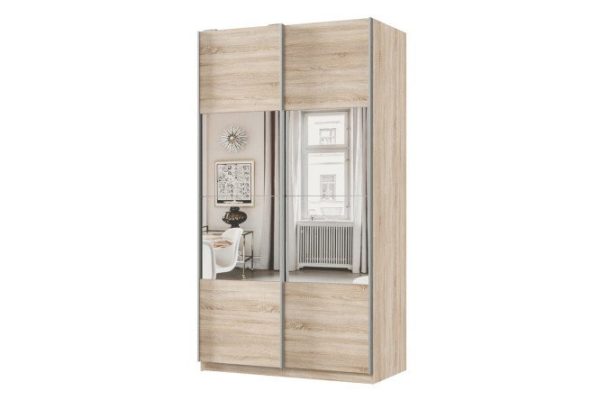 2-door wardrobe Praktik 120x240x60 cm, Sonoma oak, silver profile, with mirror inserts