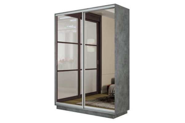 2-door wardrobe Slide-2 160x220x60 cm, concrete/silver, with two mirrors