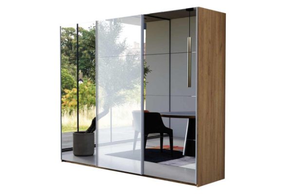 3-door wardrobe Comet 270x240 cm kraft oak tobacco, mirror fronts, white glass