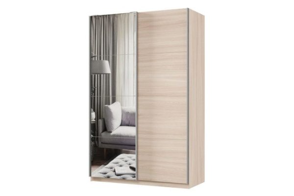Sliding wardrobe 2-door Praktik 140x240x60 cm, light Shimo ash, silver profile, with one mirror