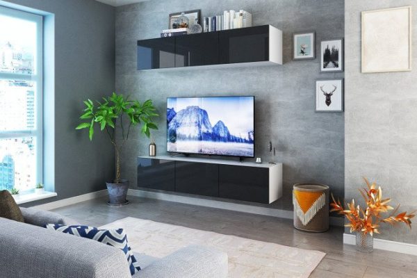 Living room Oscar with TV stand and wardrobe with push-to-open doors, white / black graphite gloss