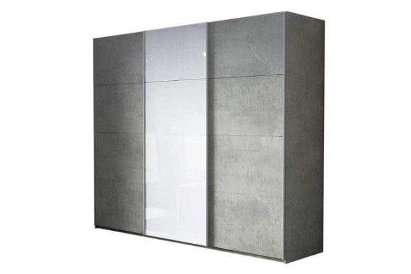 3-door wardrobe Comet 240x220 cm light concrete, white glass facades, light concrete